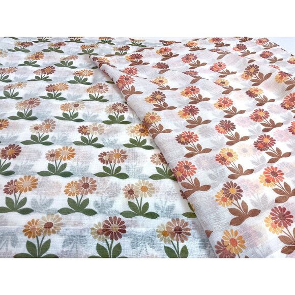 Vintage 70s sheer curtain, green, orange, and brown daisy flower, for one panel - Picture 7 of 10
